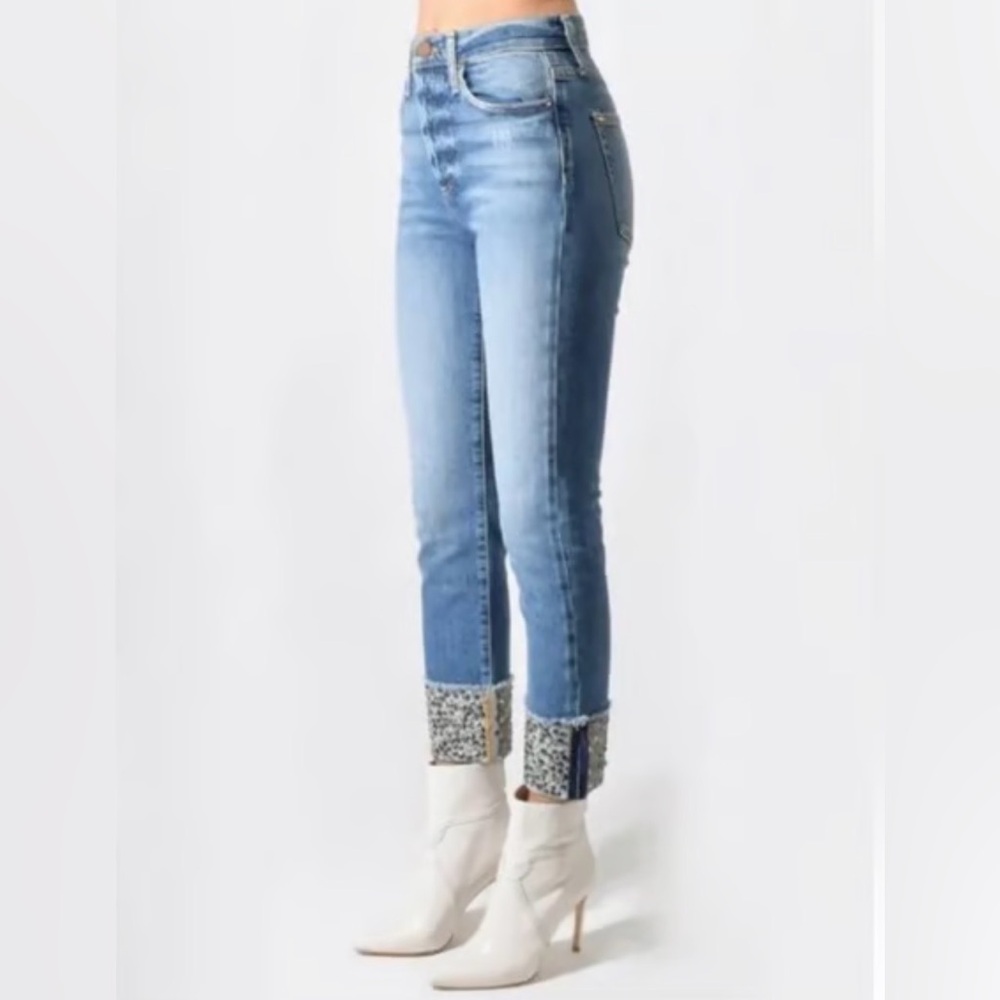 Alice + Olivia High Rise Girlfriend Jeans Studded Cuff Size 27 - Picture 2 of 15